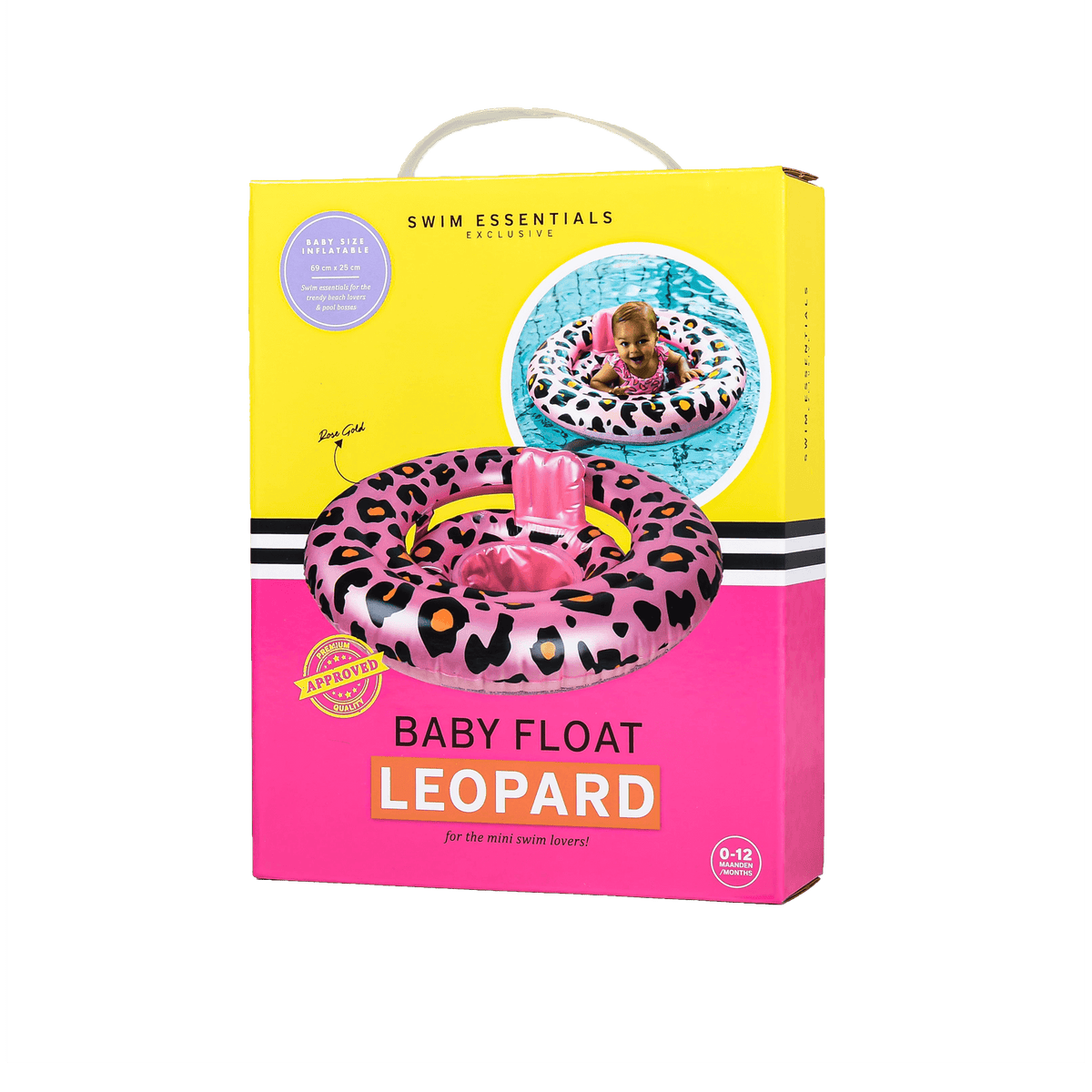 Gele en roze verpakking van de babyzwemband met panterprint, met draaggreep en productfoto's.