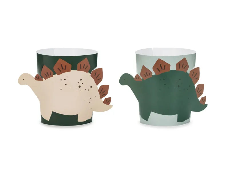 Twee bekers met dinowikkels in beige en donkergroen, met bruine rugplaten.