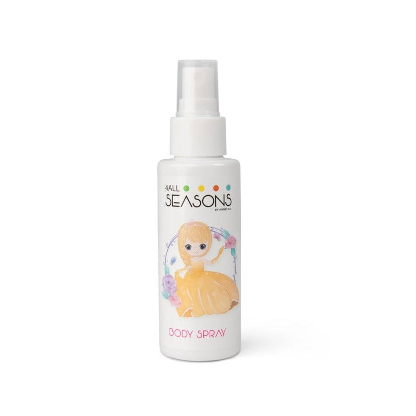 Witte flacon Princess bodyspray met transparante dop en een prinses in een gele jurk op het etiket