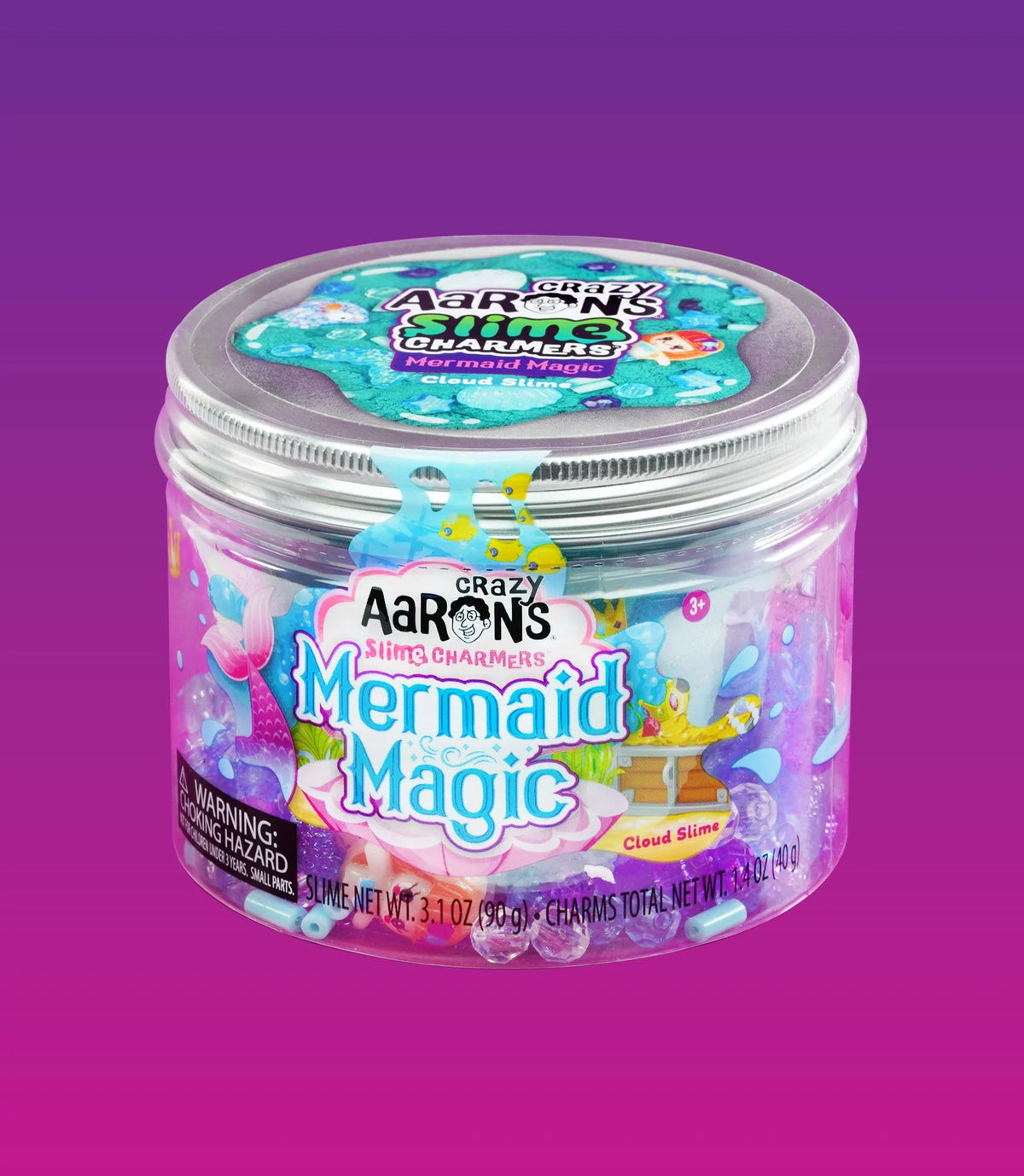 Pot Crazy Aaron's Mermaid Magic wolkenslijm met zilverkleurig deksel op een paarsroze achtergrond.