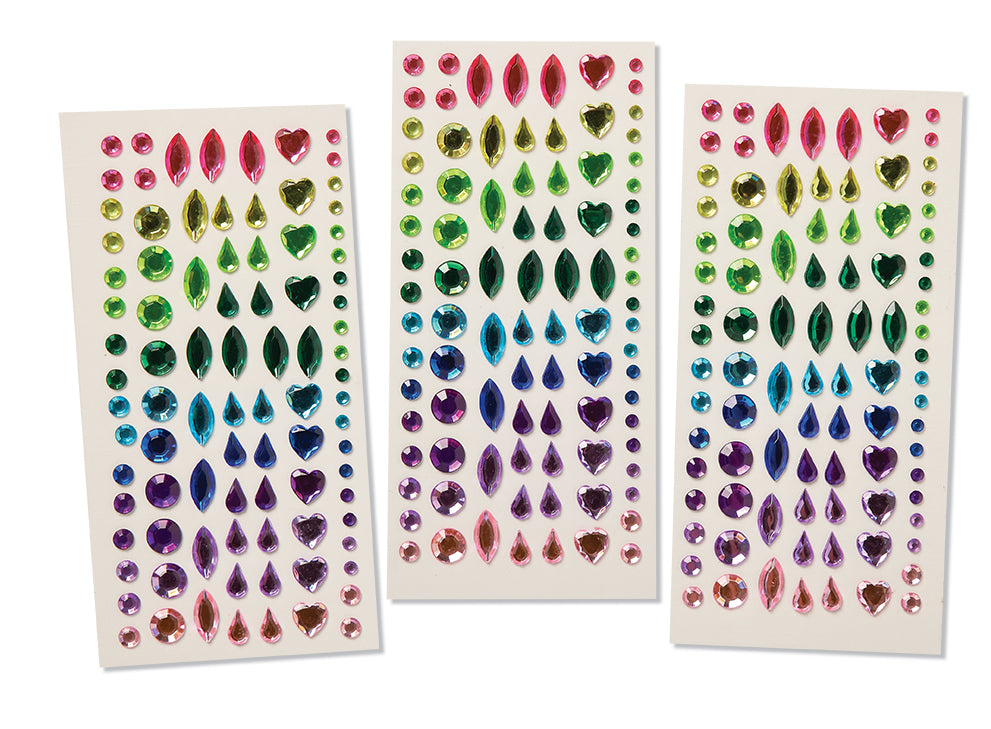 Drie vellen zelfklevende decoratieve steentjes in verschillende kleuren en vormen voor de juwelenkronen