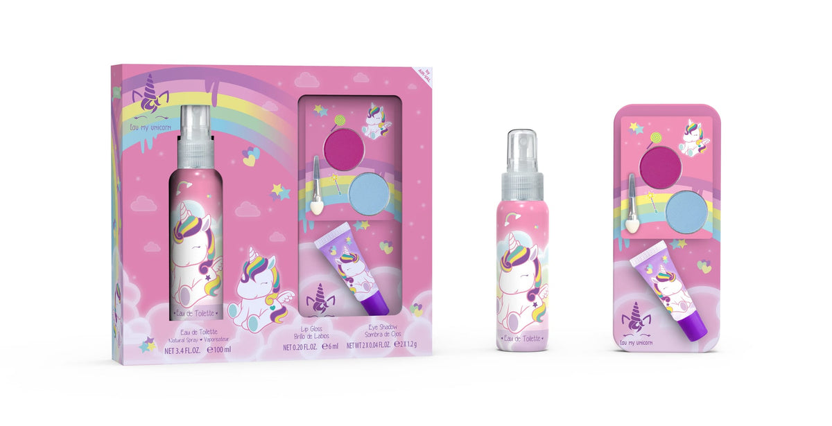 Eau My Unicorn geschenkset met roze doos, eau de toilette en make-upset met lipgloss en roze en blauwe oogschaduw