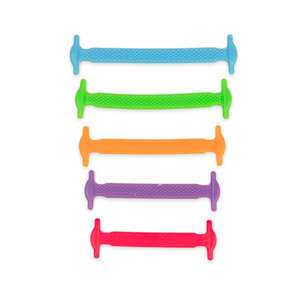 Vijf losse elastische veters zonder strikken in blauw, groen, oranje, paars en roze