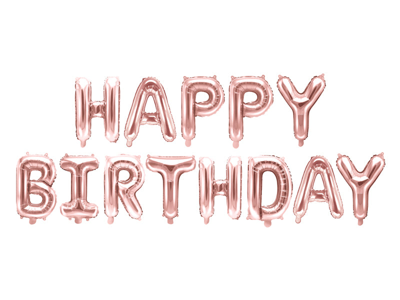Roségouden folieballonnen met de tekst Happy Birthday, verdeeld over twee rijen op een witte achtergrond