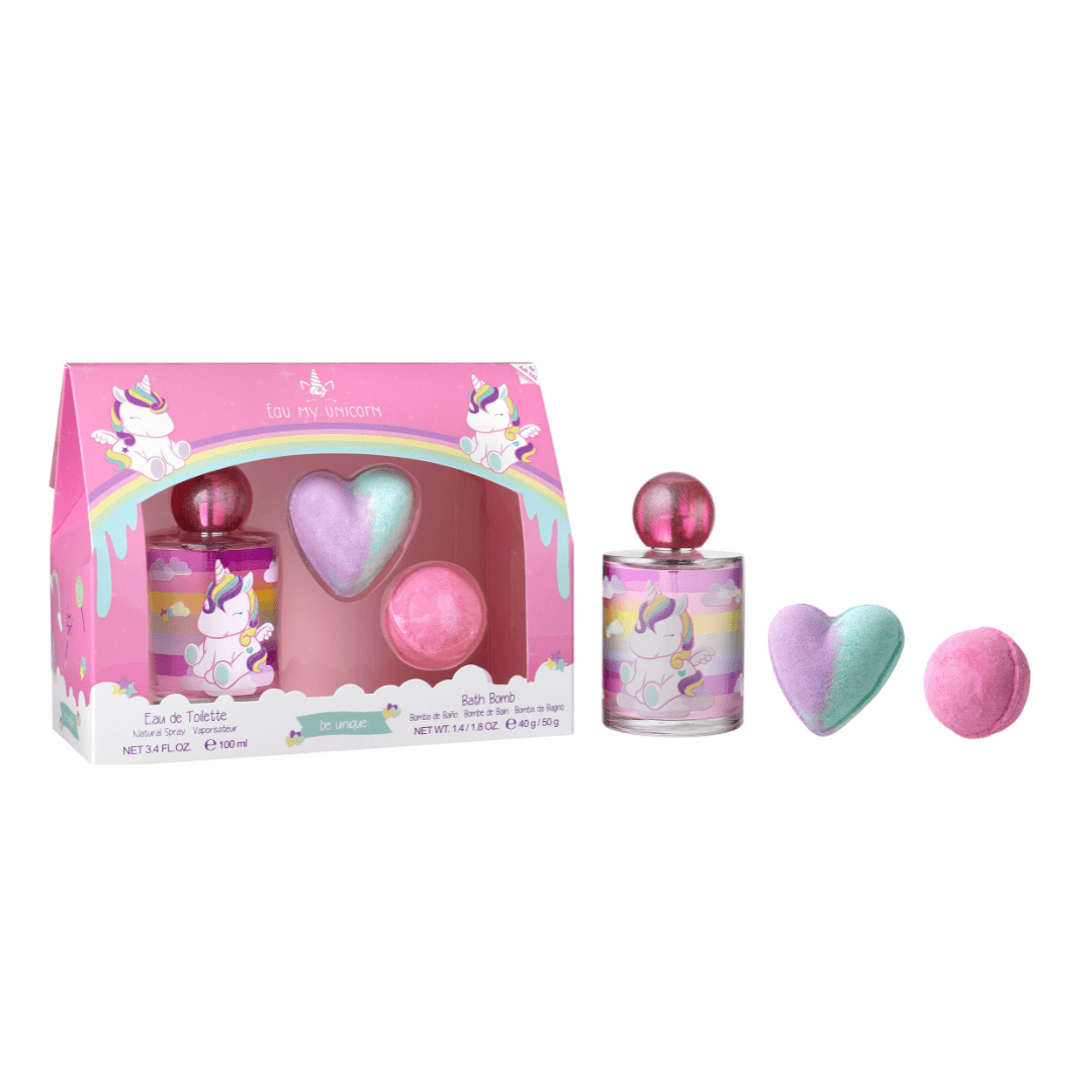 Eau My Unicorn cadeauset: roze geschenkdoos met daarnaast de eenhoornflacon, hartvormige bruisbal en ronde roze bruisbal.