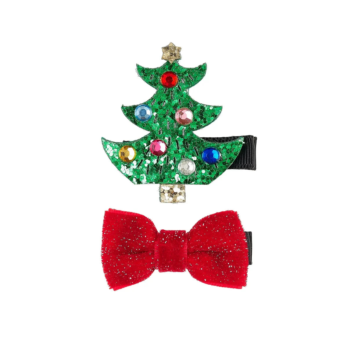 Twee haarclips: een groene glitterkerstboom met gekleurde steentjes en een gouden ster, en een rode glitterstrik.