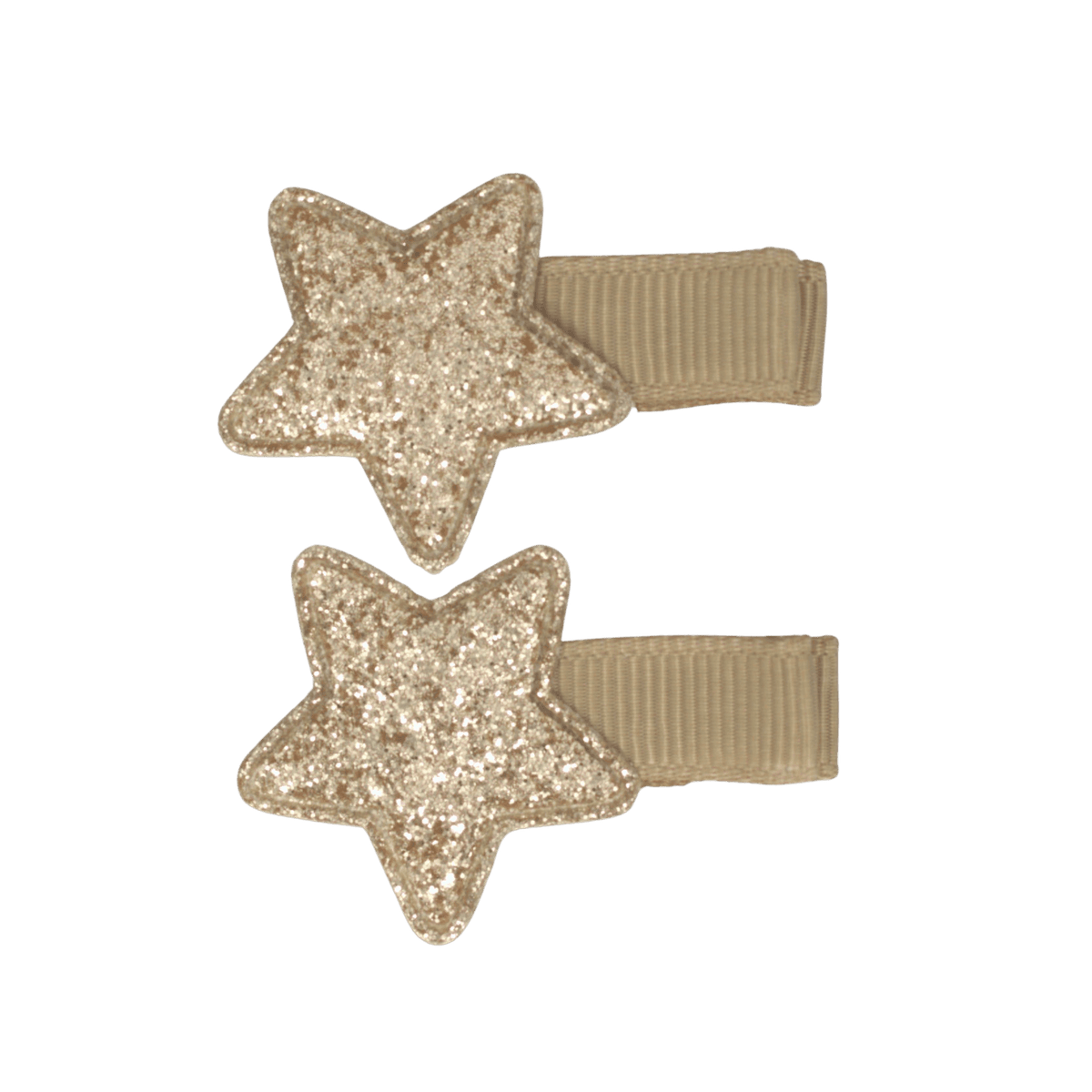 Twee haarspeldjes Glitter Star met goudkleurige glittersterren en beige beklede clips.