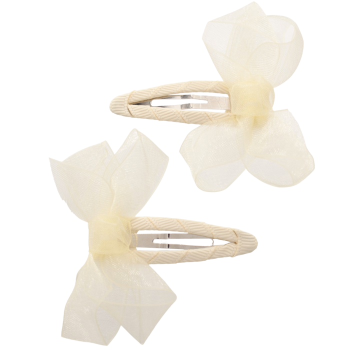 Set van twee crèmekleurige haarspeldjes met gedraaide bekleding en doorschijnende organza strikjes.