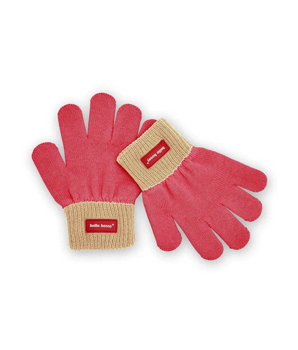 Handschoenen Handy Framboise van Hello Hossy in framboosroze met beige boorden en rode merklabels