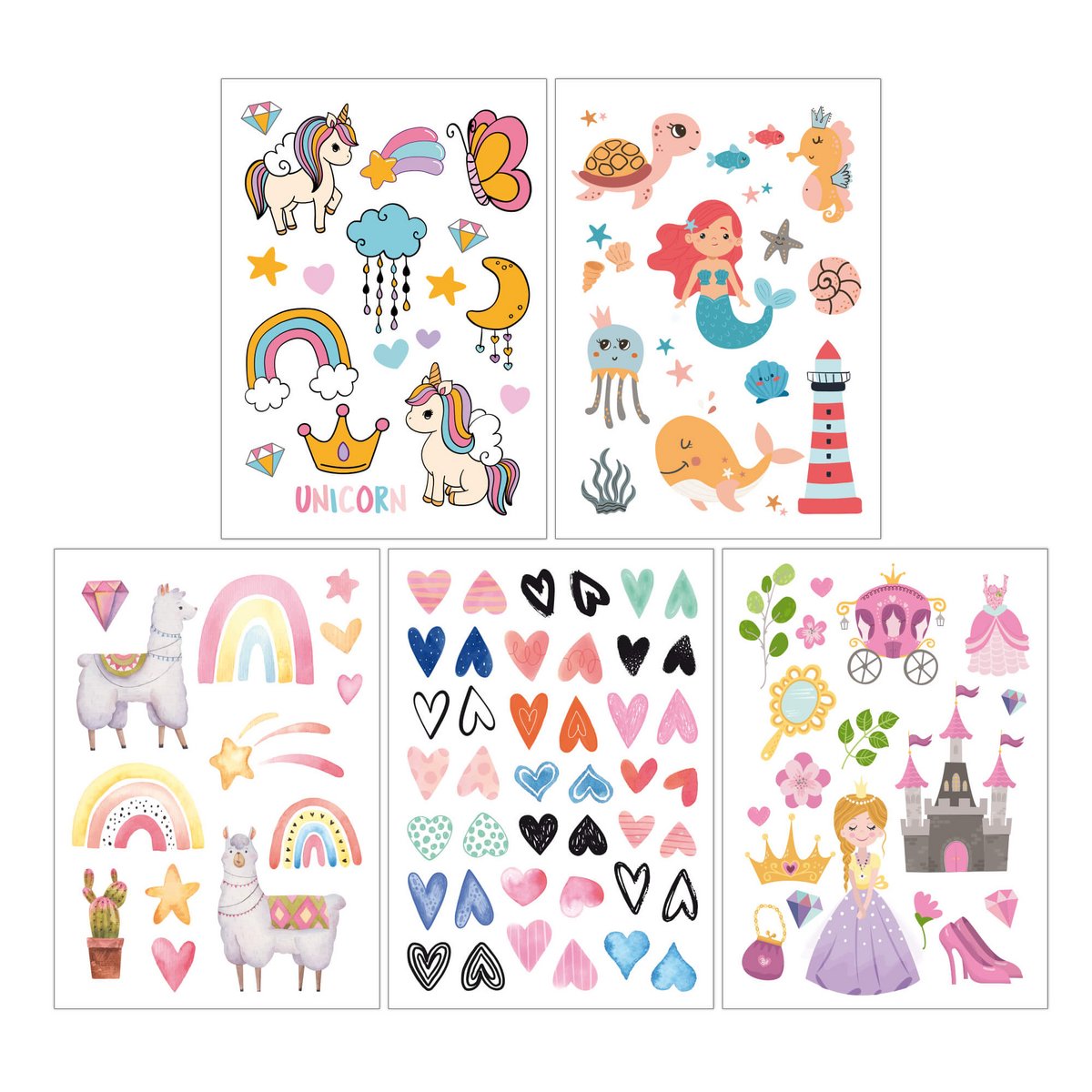 Vijf vellen kindertattoos Fantasie met eenhoorns, zeefiguren, lama's, regenbogen, hartjes en prinsessen.