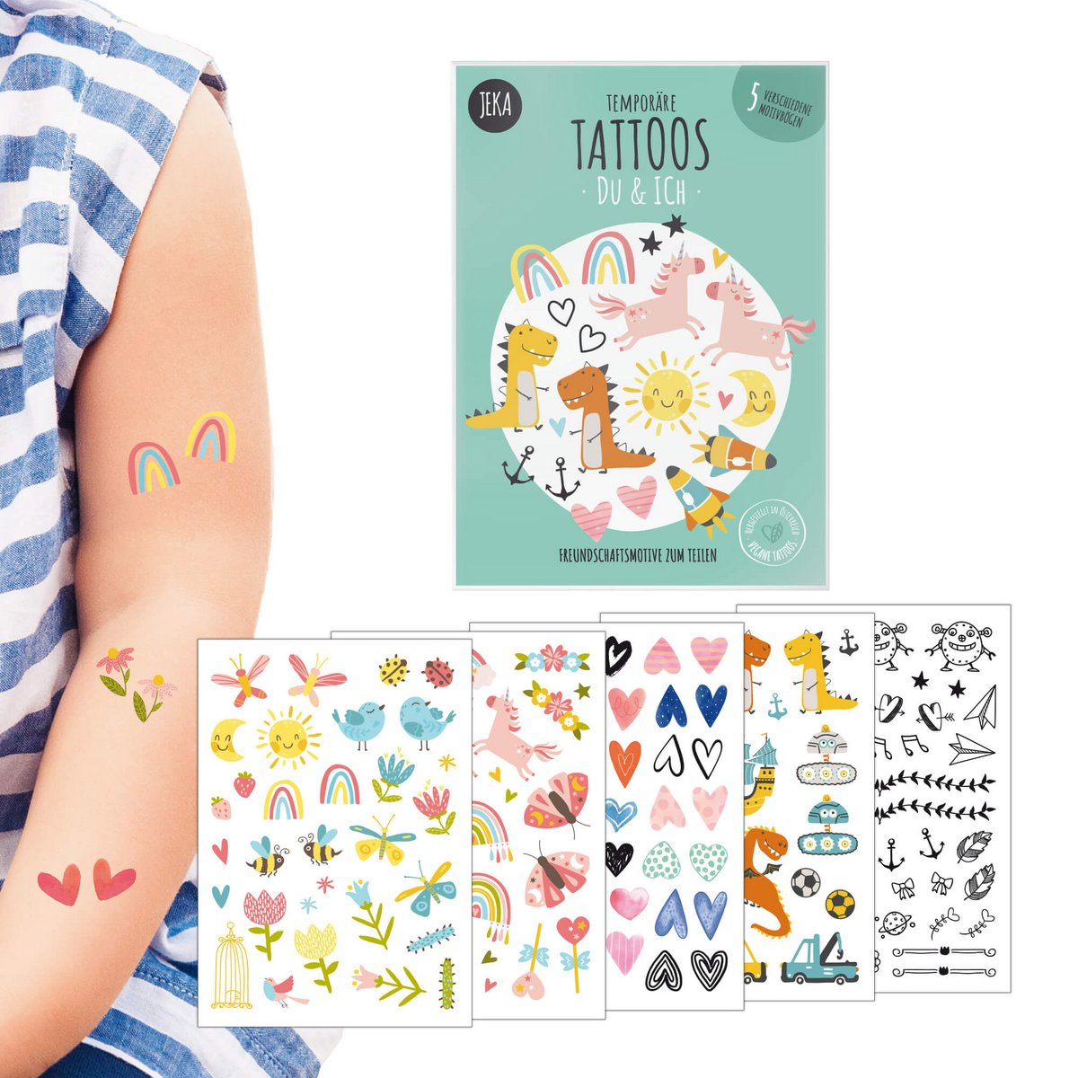 Kindertattoos Jij & Ik met regenbogen, bloemen en hartjes op een kinderarm, naast de verpakking en vijf vellen.