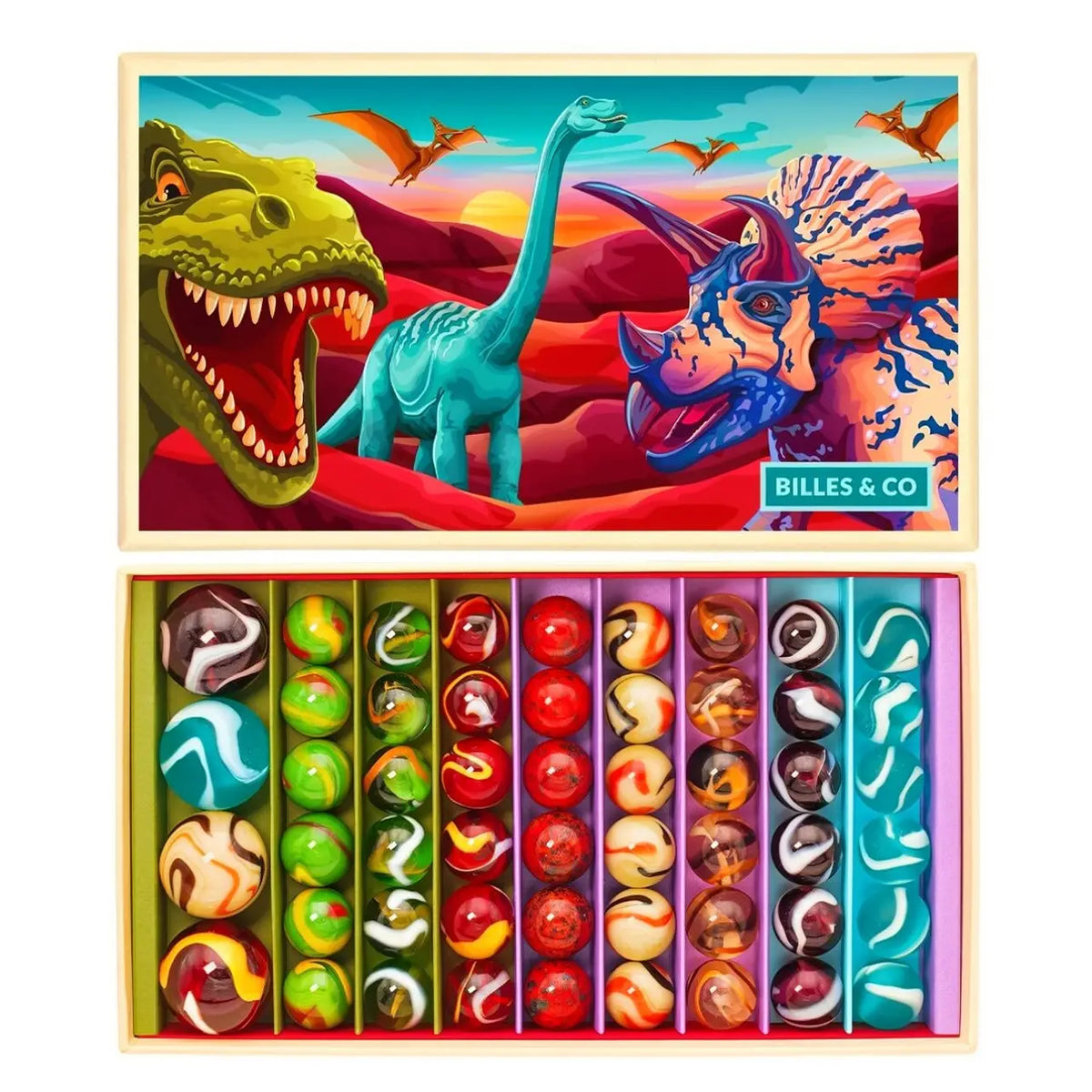 Dinosaur-knikkerset in een open doos met kleurrijke knikkers en grote shooters, met dinosaurussen op het deksel.