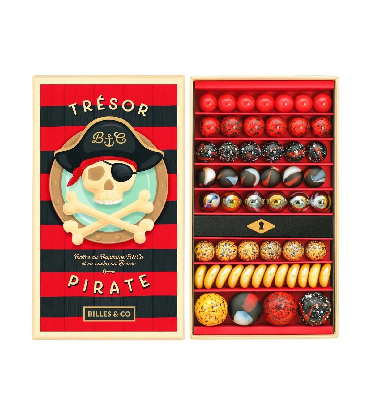 Knikkers Pirate Treasure in een open piratendoos met gekleurde knikkers en een zwart schatvak met goudkleurig sleutelgat.
