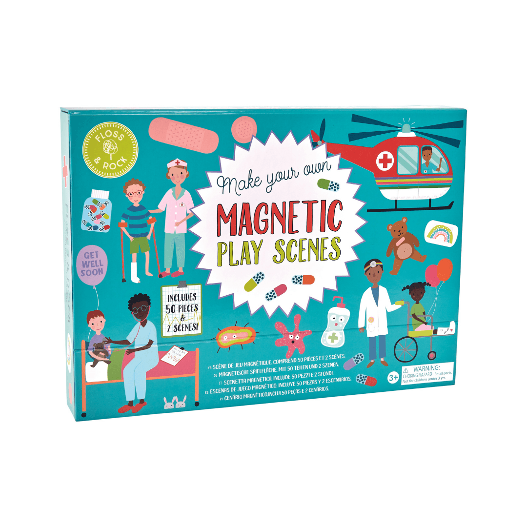Turquoise verpakking van de magnetische puzzeldoos Ziekenhuis met zorgverleners, patiënten en een helikopter.