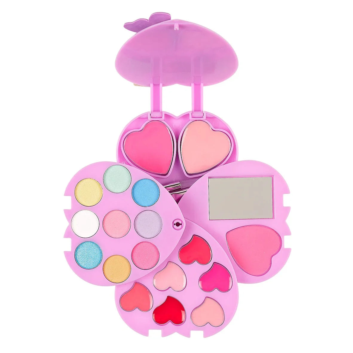 Opengevouwen roze make-up set Beauty van Souza met kleurrijke oogschaduw, hartvormige lipgloss, blush en spiegel