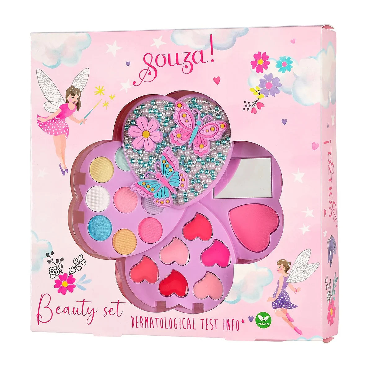 Make-up set Beauty van Souza in roze verpakking met venster, feeën en bloemen