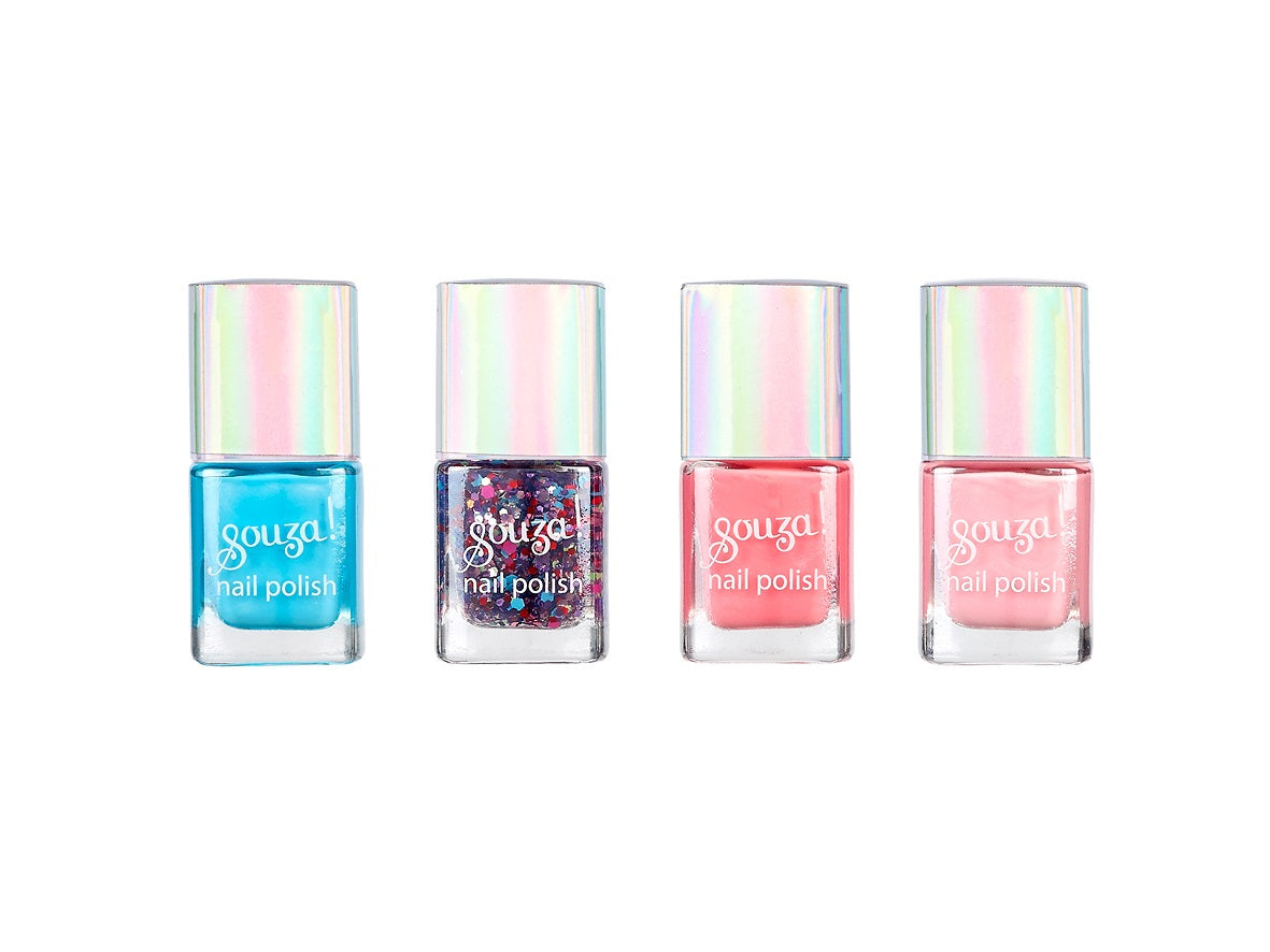 Vier flesjes Souza Swan Lake nagellak: turquoise, donkere glitter, koraalroze en lichtroze, met glanzende doppen.