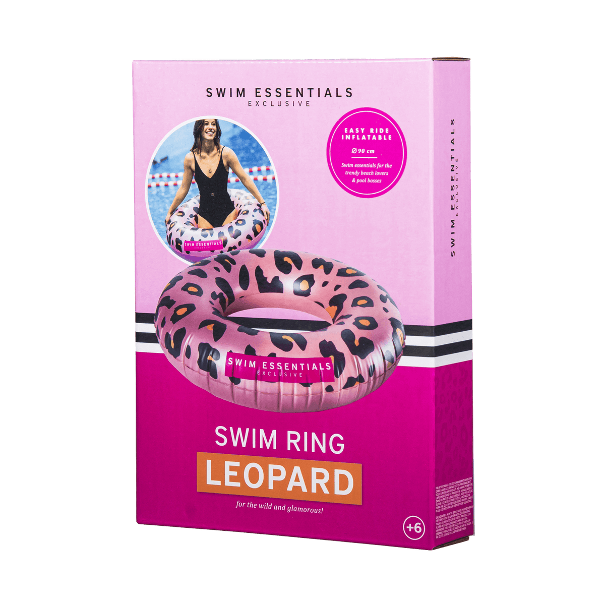 Roze verpakking van de Swim Essentials zwemband met een afbeelding van de roségouden panterprint zwemband
