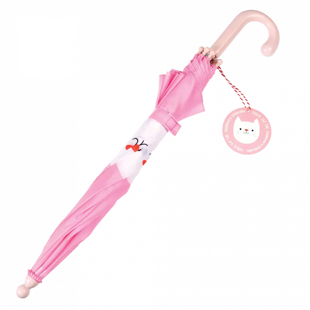 Opgevouwen roze Cookie The Cat paraplu met gebogen handvat en kattenprint.
