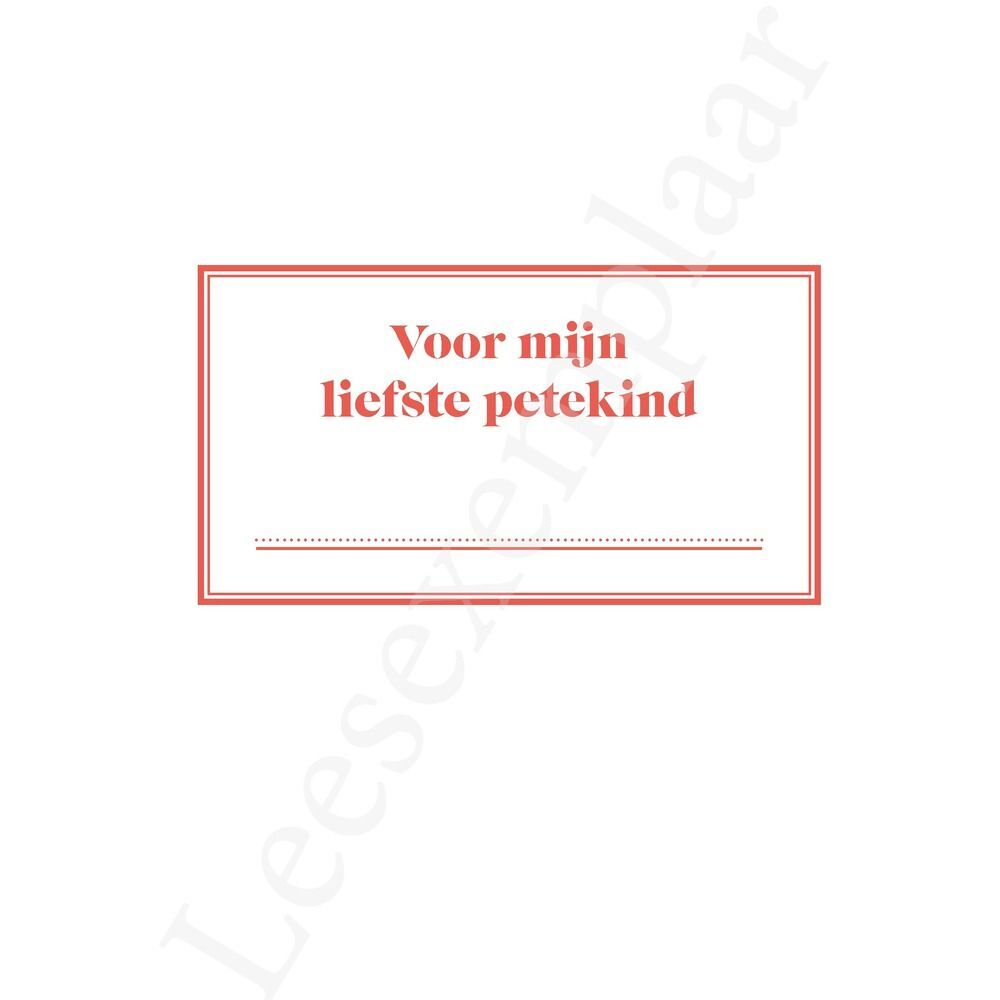 Witte pagina uit het Peter Boekje met koraalrood kader en de tekst ‘Voor mijn liefste petekind’