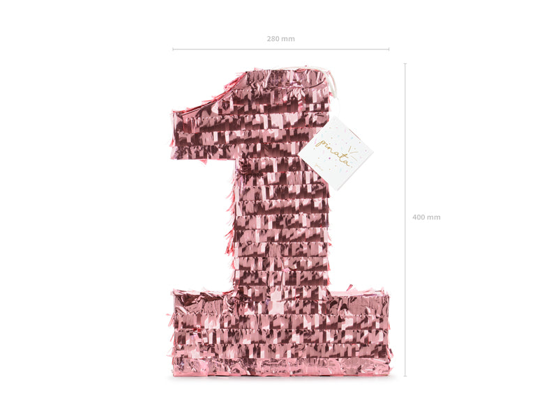 Roségouden piñata in de vorm van het cijfer 1 met glanzende franjes en een kaartje, met maataanduidingen ernaast.