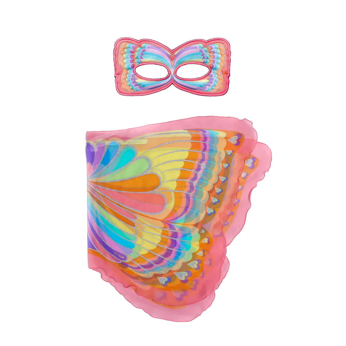 Roze vlindervleugels met regenboogpatroon en bijpassend vlindermasker op een witte achtergrond