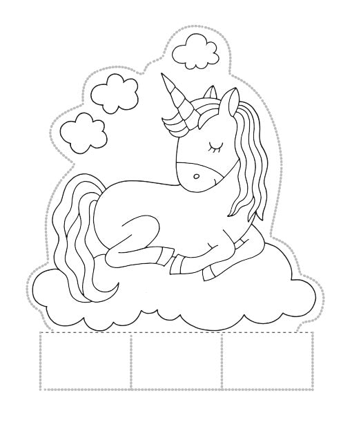 Priktekening uit Prikblok Unicorn met een rustende eenhoorn op een wolk en een vouwvoetje.