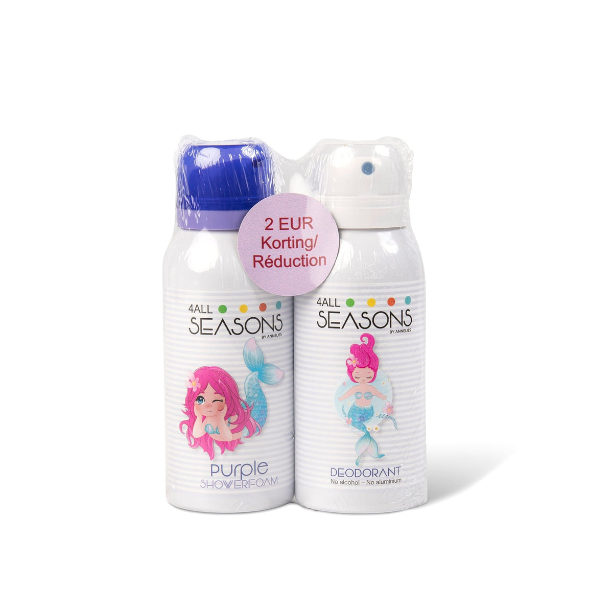Mermaid-pakket met doucheschuim en deodorant in witte spuitbussen met zeemeerminnen en paarse en witte doppen.