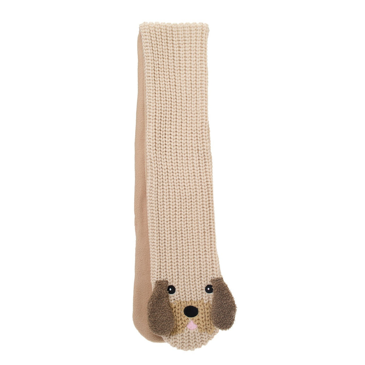 Beige gebreide Puppy-sjaal met hondengezichtje, bruine oortjes, zwarte neus en roze tong.