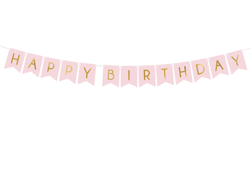 Roze Happy Birthday-slinger met gouden letters, volledig uitgehangen tegen een witte achtergrond.
