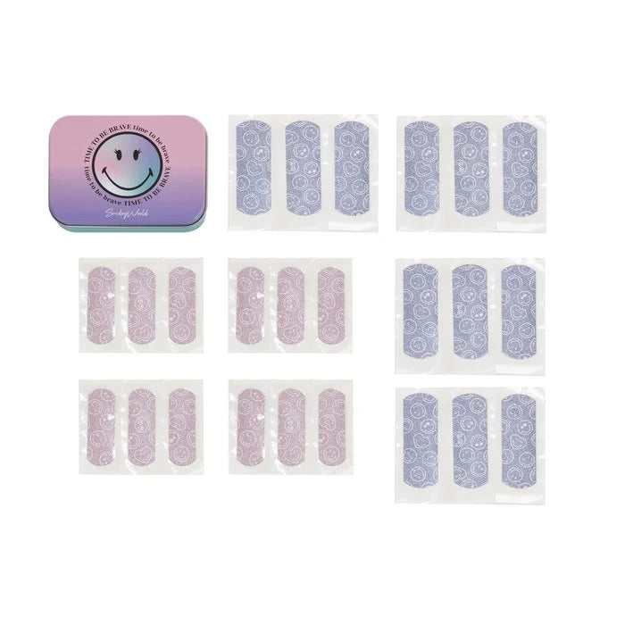 Smiley World glitterpleisters in roze en paars met smileypatroon, naast een roze-paars metalen doosje.