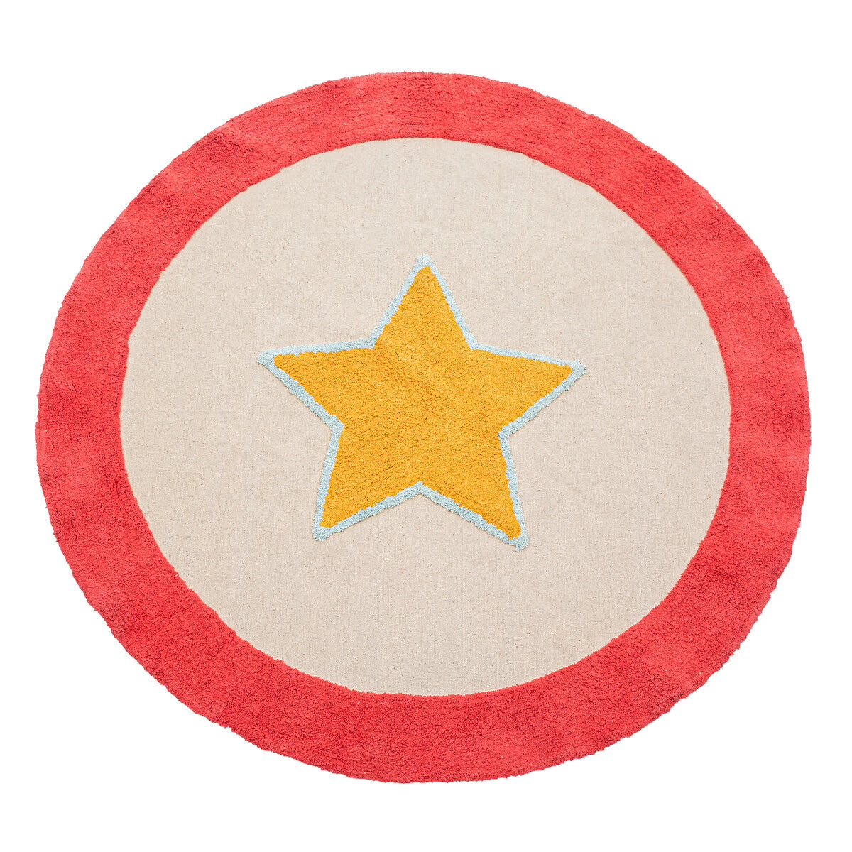 Ronde speelmat Circus met een rode rand, beige midden en gele ster met lichtblauwe omlijning.