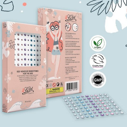 Roze La Dot-verpakking met een vel zelfklevende strass steentjes in verschillende kleuren.