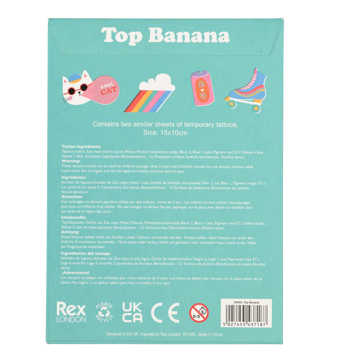 Achterkant van de turquoise Top Banana verpakking met instructies, ingrediënten en waarschuwingen
