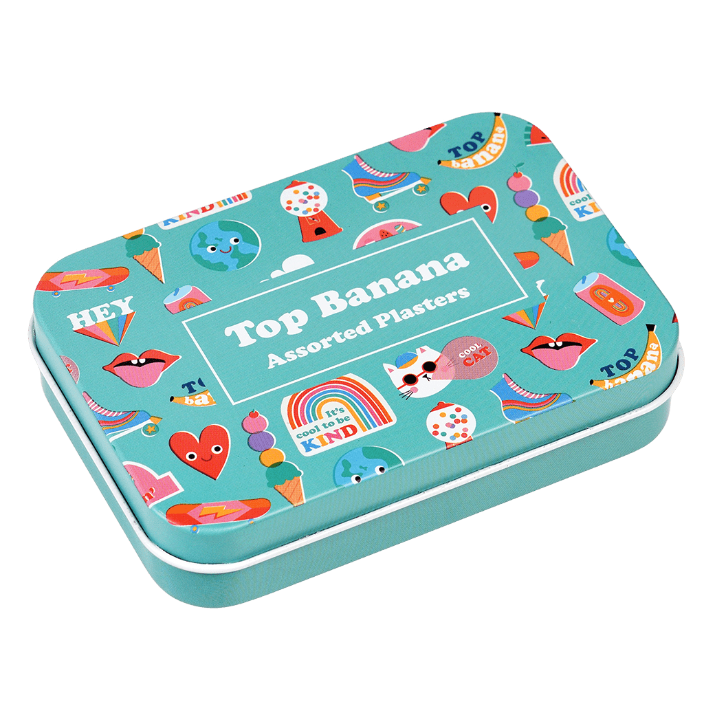 Gesloten turquoise Top Banana pleisterblikje met kleurrijke figuurtjes en witte opdruk.