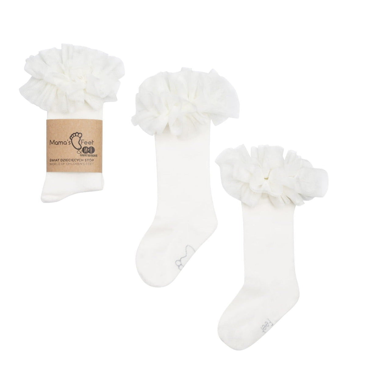 Ecru tutu kniekousen van Mama's Feet met ruches aan de bovenkant, los en met papieren wikkel.