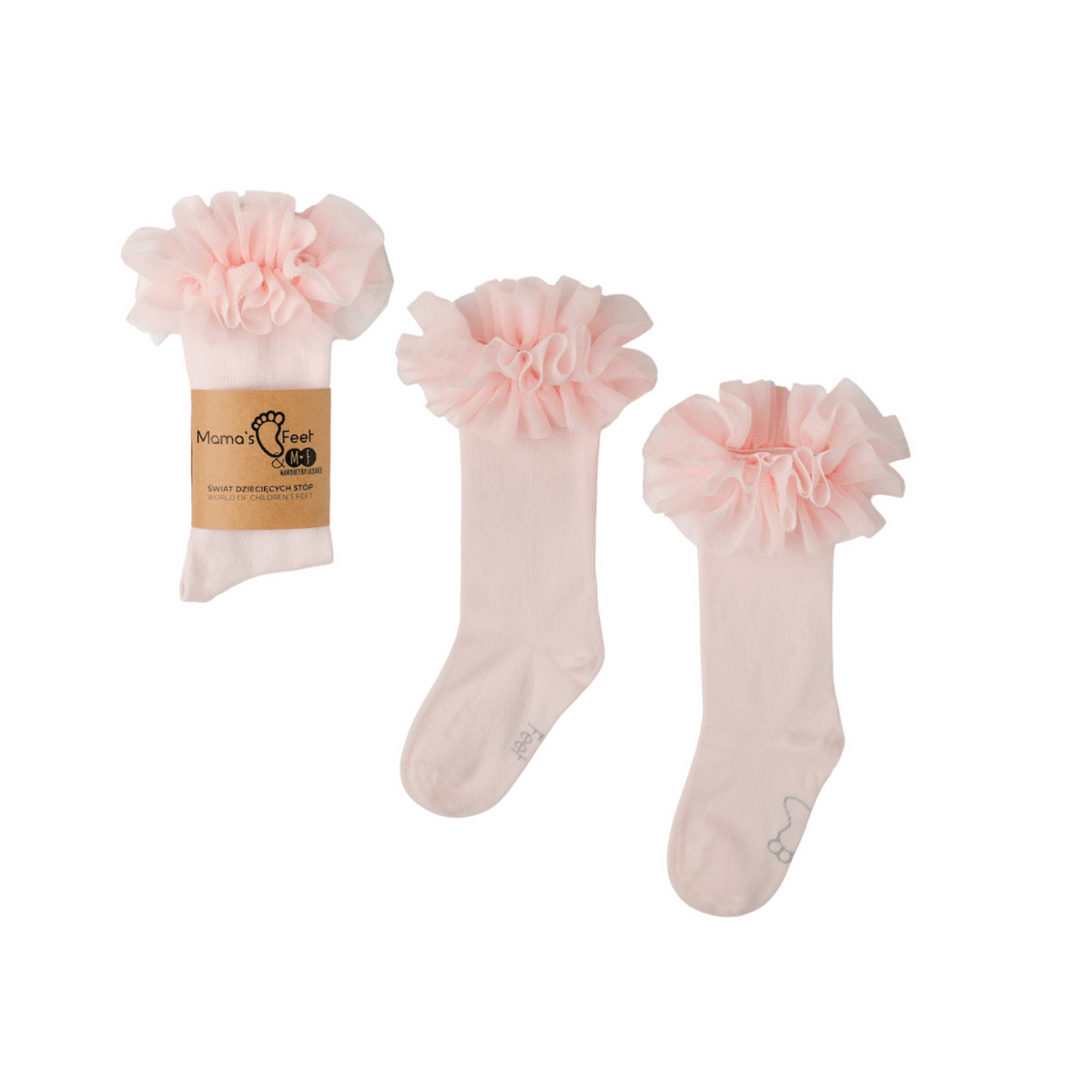 Lichtroze Tutu kniekousen van Mama's Feet met brede ruches aan de bovenkant, los en met verpakking.