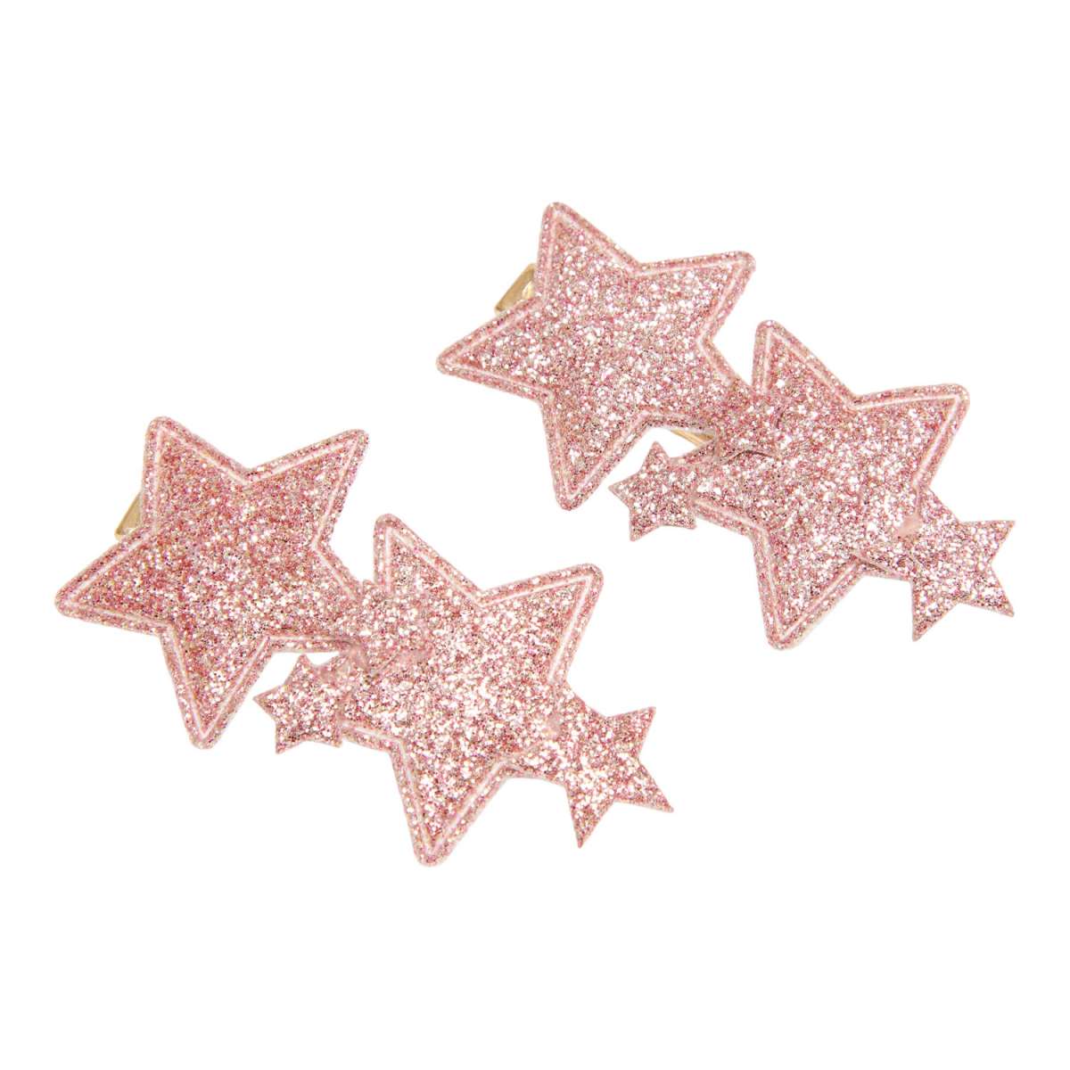 Twee roze glitterhaarclips met grote en kleine sterren op een witte achtergrond