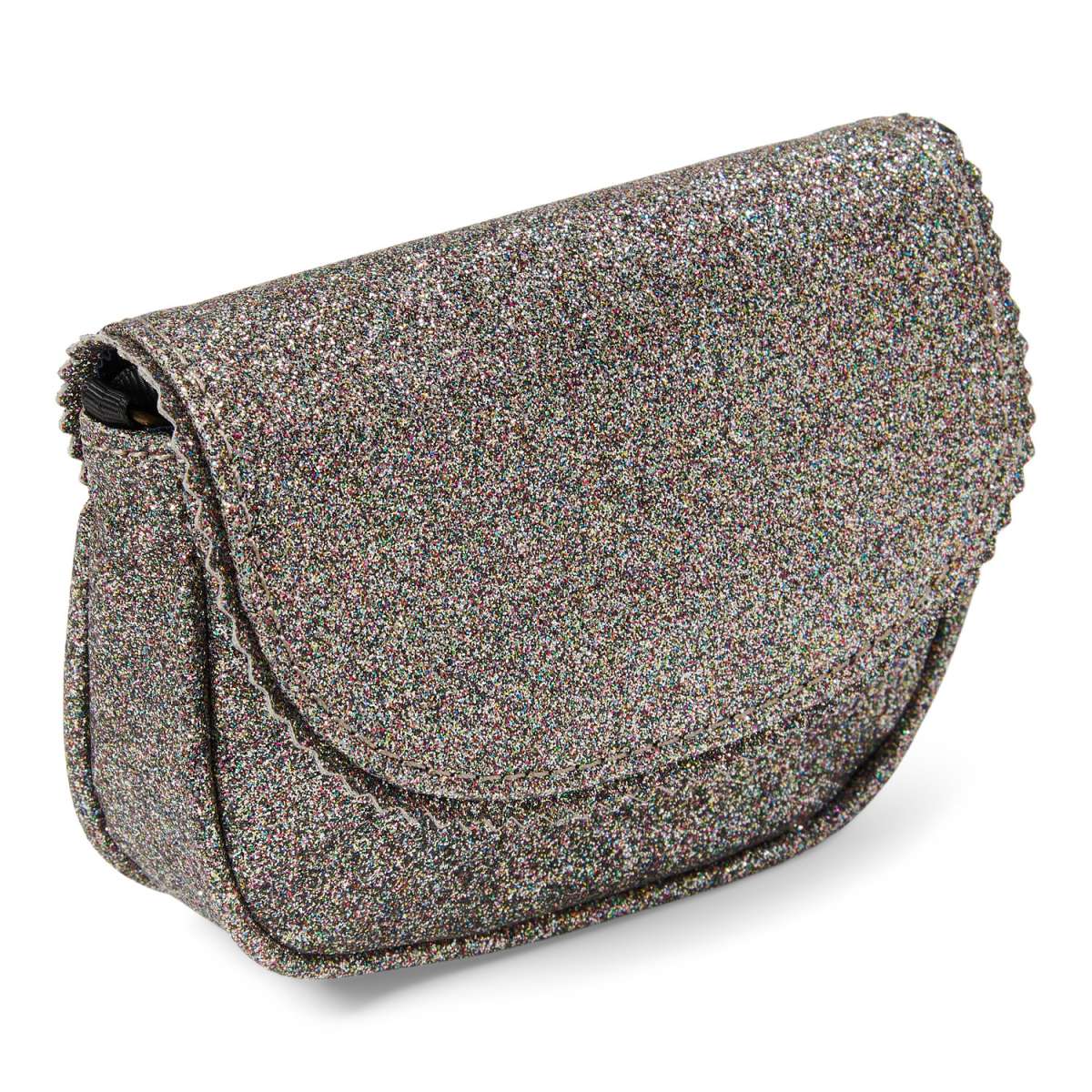 Urfa schoudertas van Le Big met meerkleurige glitters op een zwarte ondergrond en een afgeronde flap.