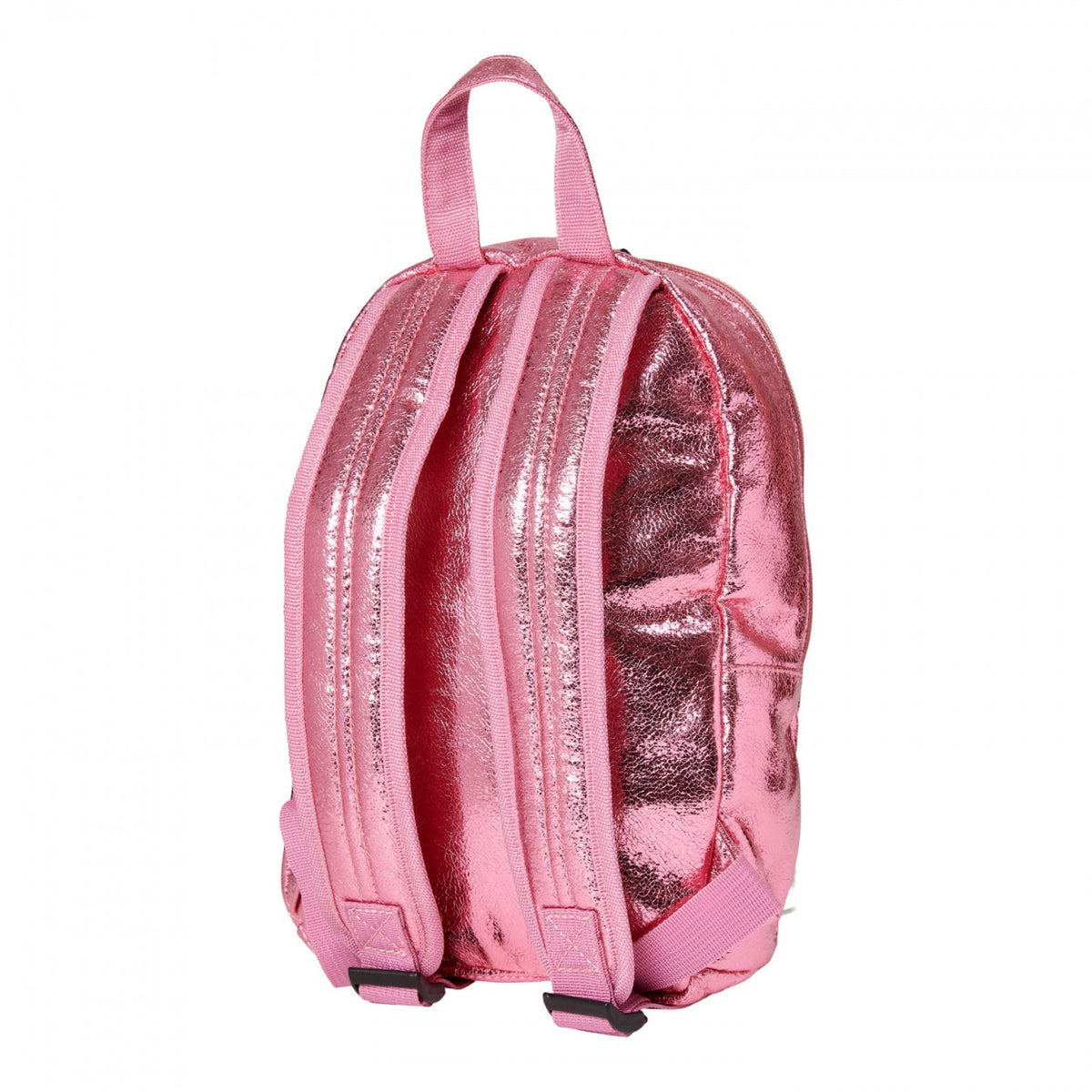 Achterkant van de glanzend roze Walker rugtas in Dawn Pink met verstelbare schouderbanden en handvat.