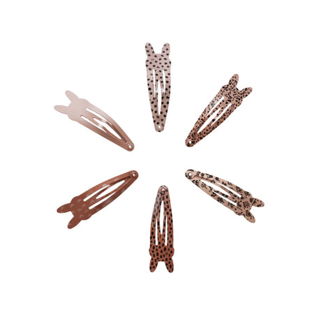 Zes Bunny haarclips met konijnenoortjes in roze, terra en bruintinten, effen en met stippenprints.
