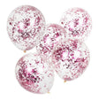 Vijf transparante ballonnen met roze confetti tegen een witte achtergrond.