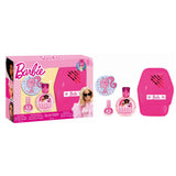 Barbie eau de toilette 50 ml en manicureset met roze nageldroger, nagellak en nagelstickers, naast de verpakking.