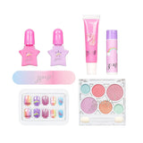 Beautyset met eenhoornthema, roze en paarse nagellak, nagelvijl, kunstnagels, lipgloss, lipbalsem en oogschaduw.