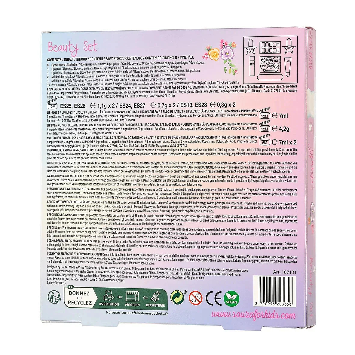 Achterkant van de verpakking van de beautyset Eenhoorn met productinformatie, ingrediënten en waarschuwingen.