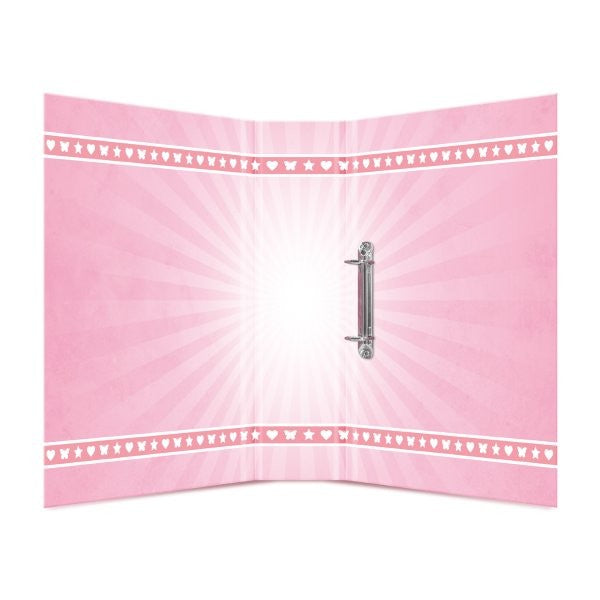 Open roze Camille-ordner met metalen ringmechanisme, stralenpatroon en randen met hartjes en sterren.