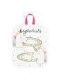Twee goudkleurige glitterhaarclips met witte eenhoorns en pastelkleurige manen op een kaartje.