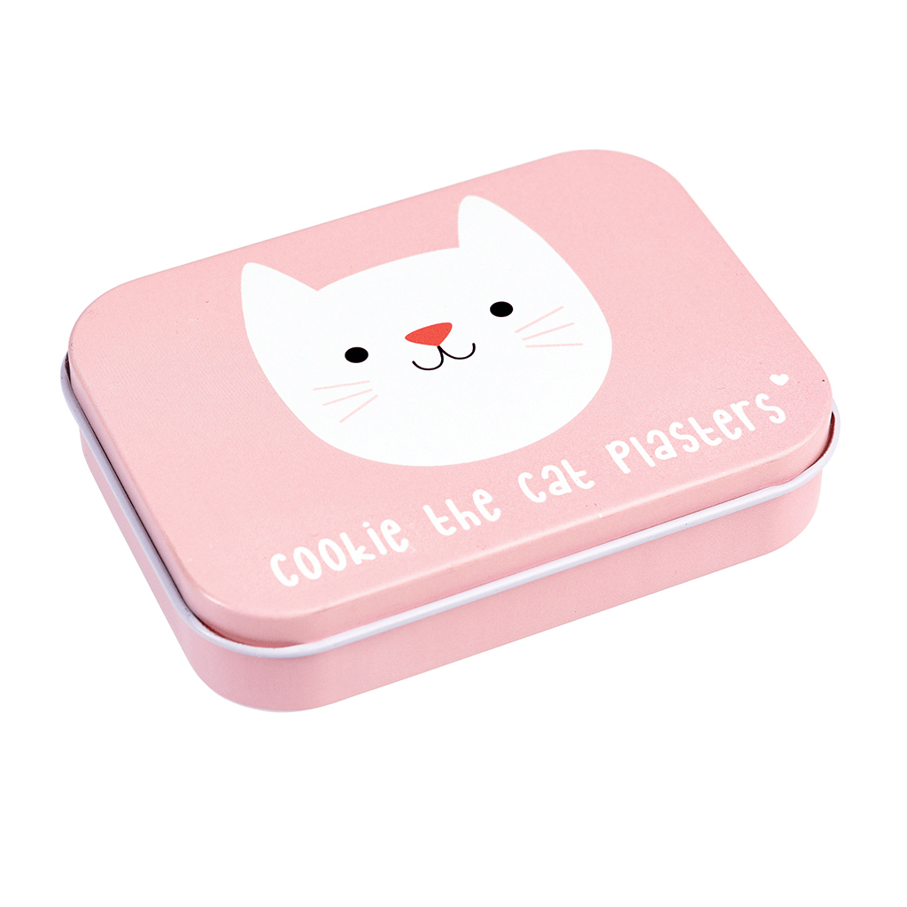 Gesloten roze Cookie The Cat-pleisterblikje met een witte kattenkop op het deksel.