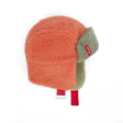Cozy Jim wintermuts van Hello Hossy in oranje en grijsgroen, met oorkleppen en een rode verstelbare band.