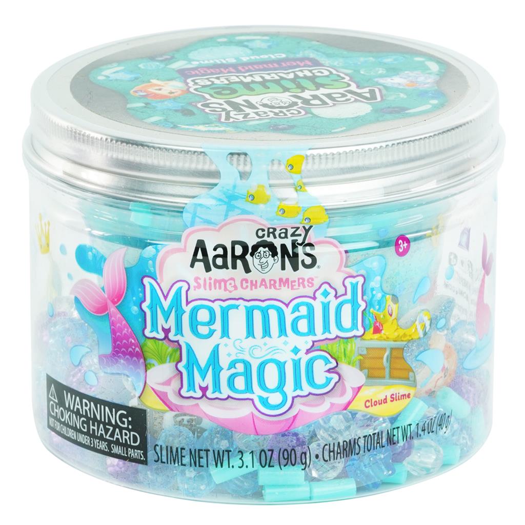 Crazy Aaron's Mermaid Magic wolkenslijm in een doorzichtige pot met zilverkleurig deksel op een witte achtergrond.